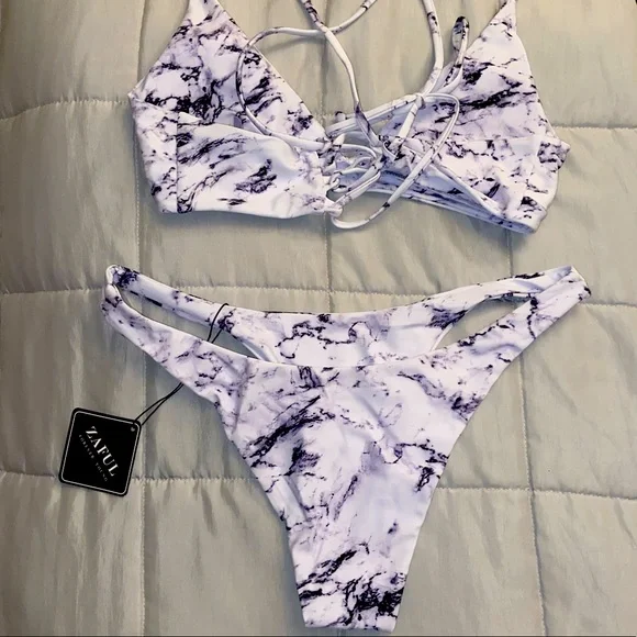 Zaful Bikini Size Large Black & White Marble Adjustable Top & Cheeky Bottom - Picture 2 of 4